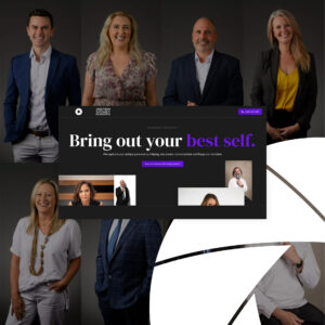 Collage of professional headshots with business branding ad