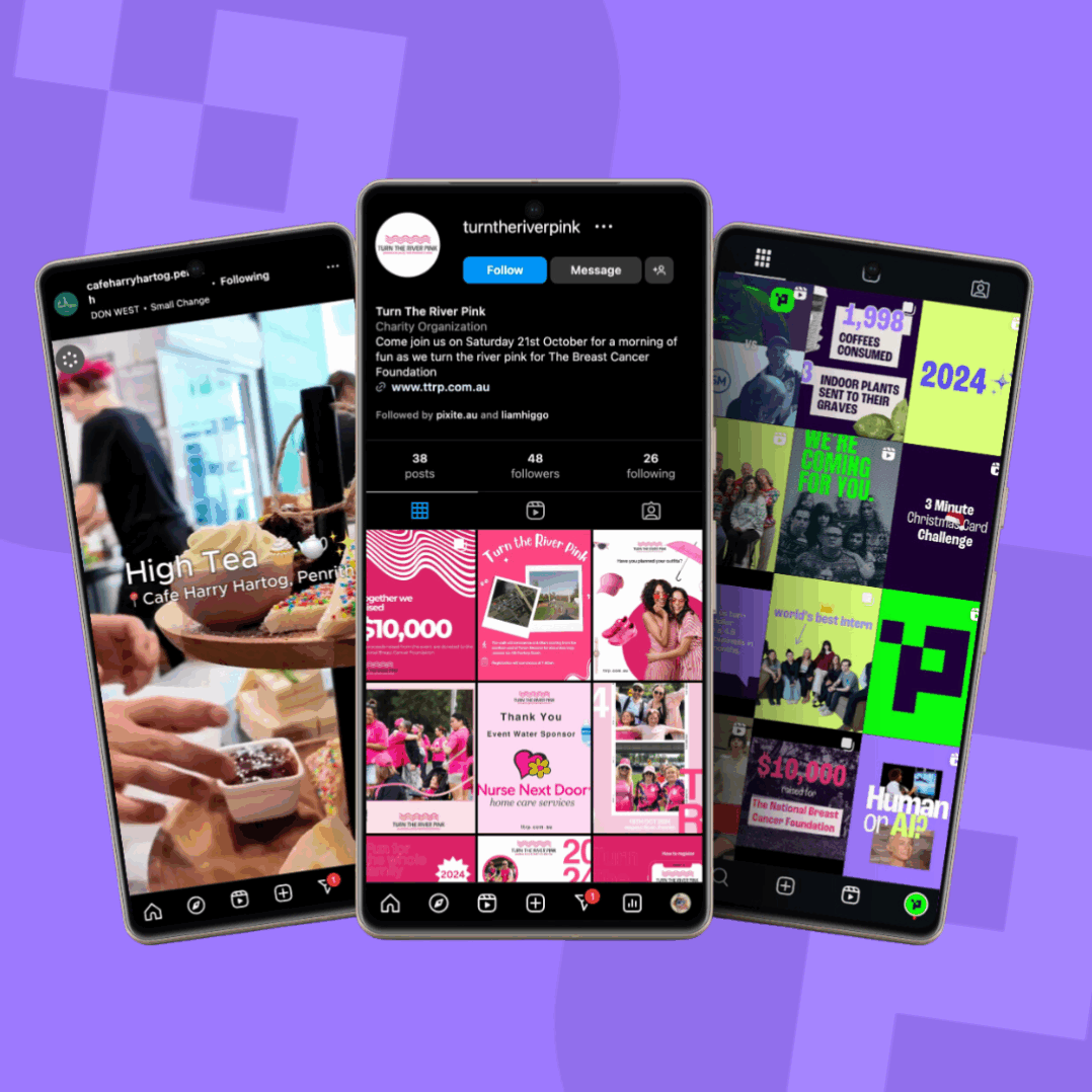 three phones displaying different social medias on a purple background
