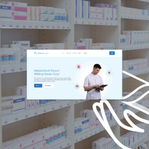 Pharmacist using tablet in pharmacy with stocked shelves