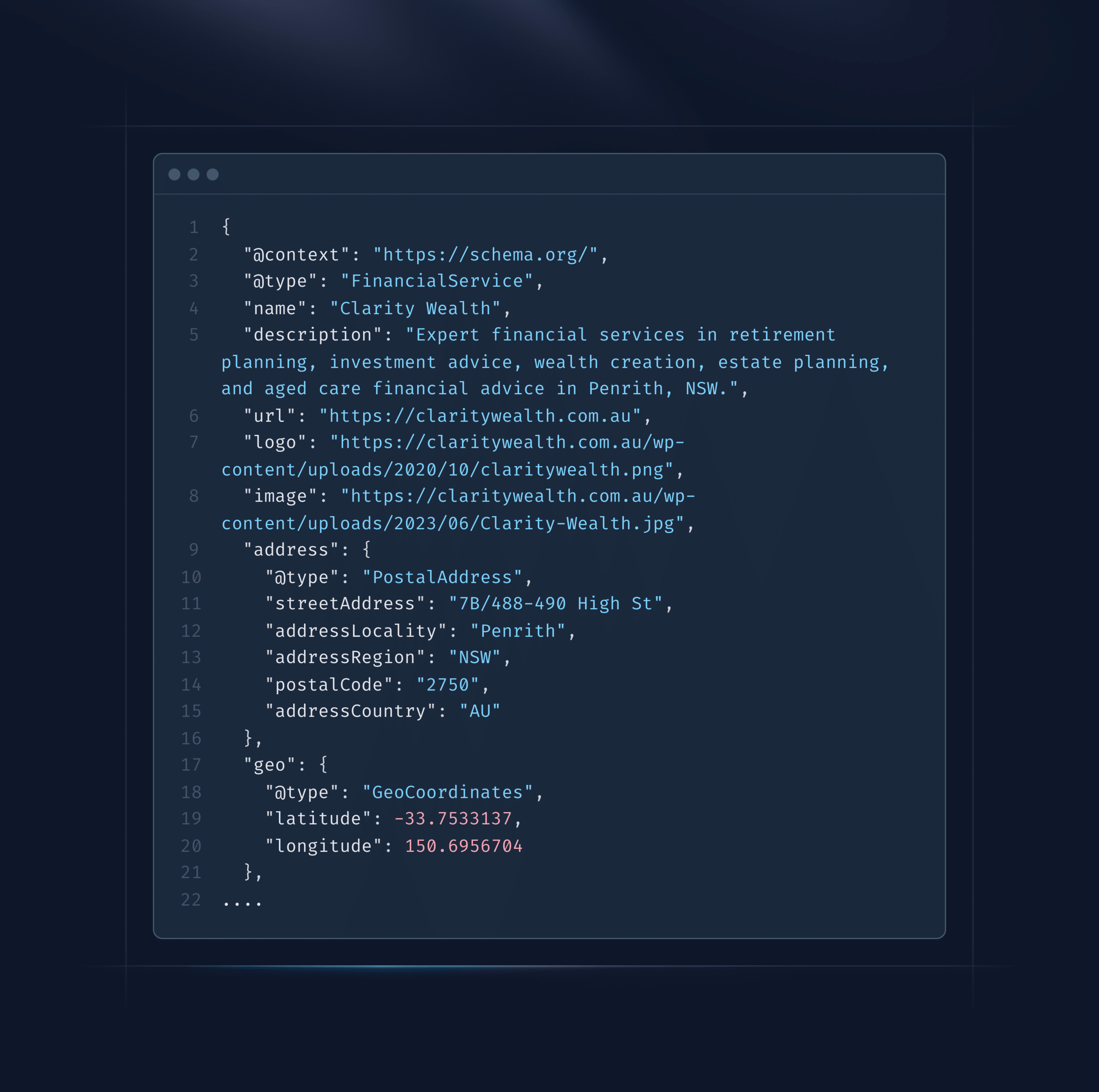 JSON code snippet showing schema details for a Penrith based financial planner