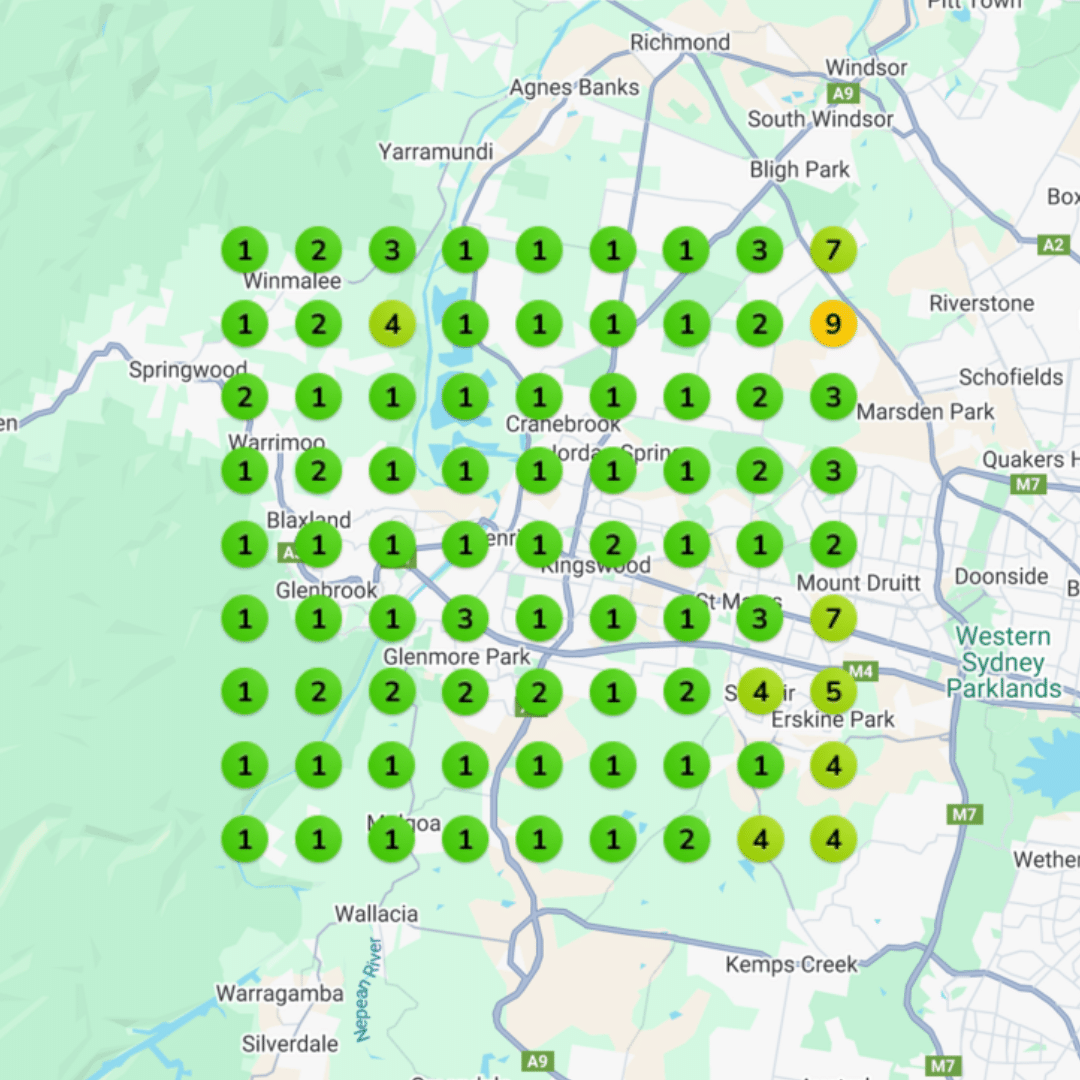 Map of Penrith with numbered markers indicating locations