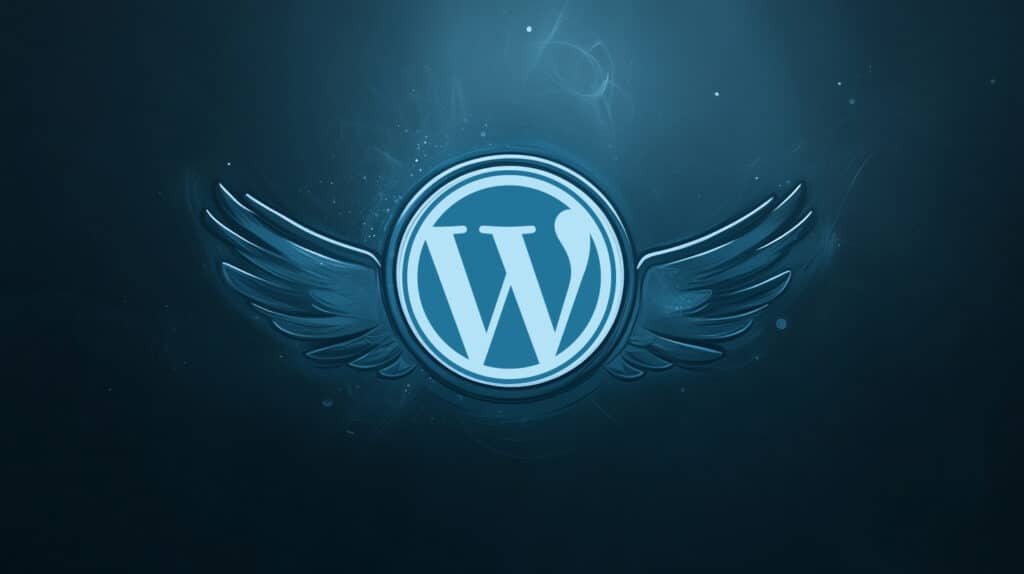 WordPress logo with stylised wings on dark background