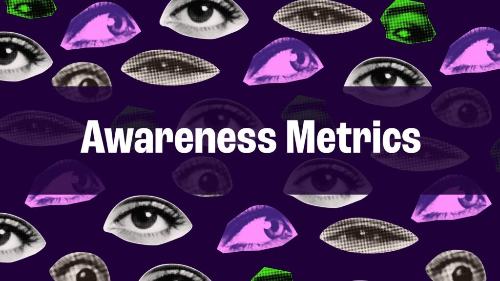 Collage of stylised eyes in various colors and patterns with the text "Awareness Metrics" on a dark background.